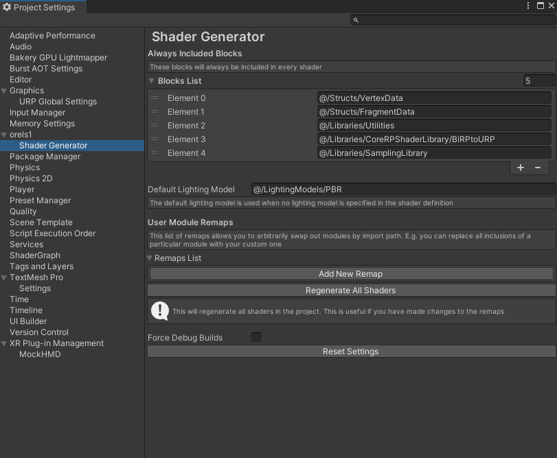 Project Settings Window